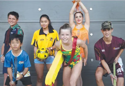  ?? Picture: ANNA ROGERS ?? GOOD SPORTS: Bryce Wilkinson, 12, (Scouts), Sergio DeBukue, 9, (tennis), Delta Hirao, 14, (soccer), Tamra Johnston, 14, (surf lifesaving), Poppy Derrington, 14, (dance) and Josh Sutton, 14, (hockey) at Cairns' Biggest Sign-On Day on Saturday.