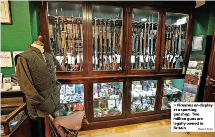  ?? Darren Pepe ?? > Firearms on display at a sporting gunshop. Two million guns are legally owned in Britain