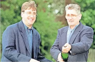  ?? ?? Win Mark Gardiner and former business partner Paul Maddison (right) split the £22m jackpot in 1995 (Image: PA)