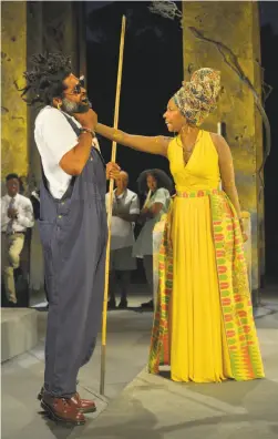  ?? Kevin Berne / Cal Shakes ?? Aldo Billingsle­a as Great Grand Paw Sidin and Margo Hall as Great Aunt Tina squabble as gods disguised as mortals in “Black Odyssey.”