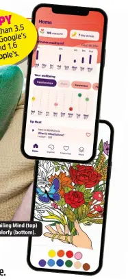  ?? ?? APPHAPPY
3.5 more than There are Google’s on million apps 1.6 stor and Apple’s.
Smiling Mind (top) Colorfy (bottom).
