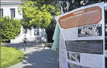 ?? BEN MARGOT / AP ?? A leaflet is stapled to a message board near Sproul Hall on the University of California at Berkeley in Berkeley, Calif., where Ann Coulter is supposed to speak.