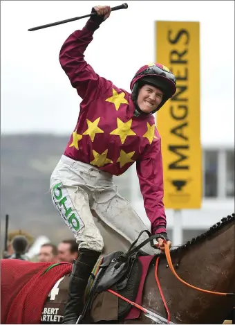  ??  ?? Jockey Rachael Blackmore celebrates after winning the Albert Bartlett Novices’ Hurdle on Minella Indo.