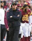  ?? ?? Washington Commanders head coach Ron Rivera stands on the sideline during the first half. The Commanders have gone 0-3-1 in their last four games.