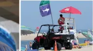  ?? ANGELA ROWLINGS PHOTOS / HERALD STAFF ?? CHOOSING CALMER WATERS: People look at a shark warning sign at Nauset Beach, top, on Wednesday. Steven Senna, left, owner of Swimming Pool and Spa Design in Hyannis, said pool sales have increased 20% from last year.