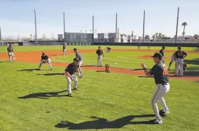  ?? Alex Trautwig / MLB Photos via Getty Images ?? Above, the Giants work out at Scottsdale Stadium on Feb. 18 during spring training in Arizona. Then, few could have imagined months without baseball.