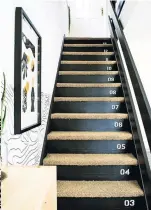  ??  ?? Ccarpeted treads with painted numbered risers make a staircase stylish