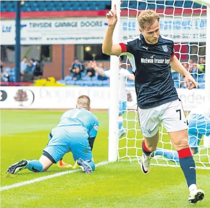 ??  ?? Above: Greg Stewart celebrates after scoring the first of his two goals on Saturday; above, right: Dundee’s Craig Wighton is held at bay by Forfar’s Murray Mackintosh. Pictures: SNS Group.