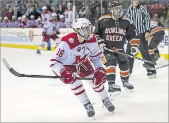  ?? [BRIDGET POLLARD/ MIAMI UNIVERSITY PHOTO] ?? Carson Meyer of Powell is getting feelers from NHL teams after a standout freshman season at Miami University.