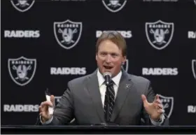  ?? MARCIO JOSE SANCHEZ — THE ASSOCIATED PRESS ?? Raiders new head coach Jon Gruden answers questions during a news conference on Jan. 9 in Alameda, Calif. Gruden coached the Raiders 1998-2001.