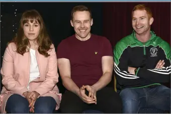  ??  ?? Mayo star Andy Moran (centre) was special guest at the Eastern Harps presentati­on ceremony on Sunday. Also in pic are Lisa Casey from the Harps ladies team and Ross Donovan, Harps and Sligo star.