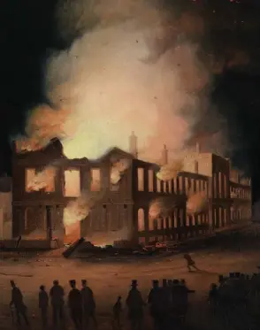  ??  ?? A detail from The Burning of the Parliament Building in Montreal by Joseph Legare, circa, 1849.