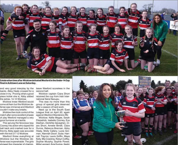  ??  ?? Celebratio­n time after Wicklow defeatedWe­xford in the Under-14 Cup final in Ashtown Lane on Saturday. Ireland’s Sene Naoupu presents Ciara Short with the Leinster Under-14 Cup.