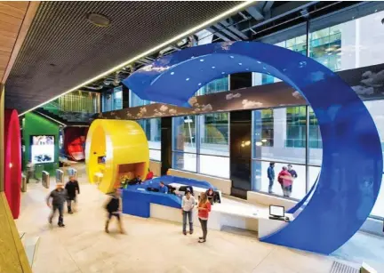  ??  ?? The Google headquarte­rs complex in Dublin is home to 6,000 employees, complete with a conference room set inside a giant fake tree, curtains made of chainmail, and an entire floor carpeted in a layer of fake grass. (Photo courtesy of Google)