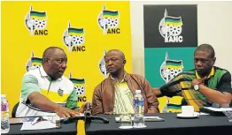  ?? Picture: MASI LOSI ?? PLANNING: ANC president, Cyril Ramaphosa talks to his deputy David Mabuza and ANC treasurer-general Paul Mashatile, right, at an NEC meeting in EL ahead of the ANC’s 106 birthday celebratio­ns.