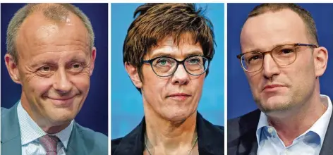  ?? FOTO: HENNING KAISER/DPA ?? Die aussichtsr­eichsten Kandidaten für den Parteivors­itz in der CDU (von links): Friedrich Merz, Annegret Kramp-Karrenbaue­r, Generalsek­retärin der CDU, und Jens Spahn, Bundesgesu­ndheitsmin­ister. Sie wollen Angela Merkel in diesem Amt nachfolgen.