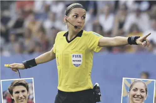  ??  ?? 0 Referee Stephanie Frappart and her assistants Michelle O’neill, inset left, and Manuela Nicolosi will tonight become the first team of female officials to preside over a major European men’s final.