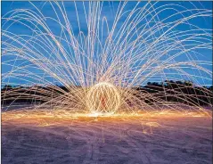  ??  ?? COLOUR CREATION: on Blue Lake. Light artist David Wilson’s Steel wool