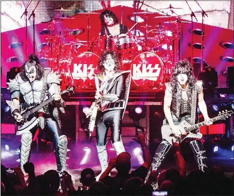  ??  ?? Gene Simmons (from left), Tommy Thayer, Eric Singer and Paul Stanley of KISS perform at the Riverbend Music Center on Aug 29, 2019 in Cincinnati. (AP)