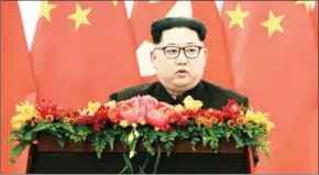  ?? KCNA VIA KNS/AFP ?? North Korean leader Kim Jong-un delivers a speech at the Great Hall of the People in Beijing on March 26.