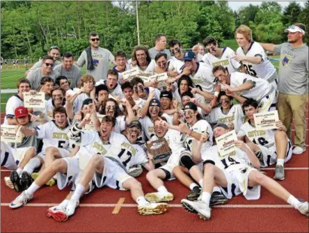  ?? STAN HUDY - SHUDY@DIGITALFIR­STMEDIA.COM ?? The Ballston Spa boys lacrosse team celebrates its first-ever Section II title with a dominating win over Queensbury Friday afternoon at Columbia High School.