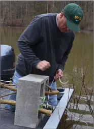  ?? (Arkansas Democrat-Gazette/Bryan Hendricks) ?? Bill Eldridge ties brush into a cinder block while building an artificial fish attractor.