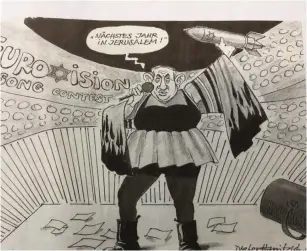  ?? (Twitter) ?? CARTOON SHOWS Prime Minister Benjamin Netanyahu in Netta Barzilai’s attire from the Eurovision song contest, while holding a missile which has a Star of David imposed on it.