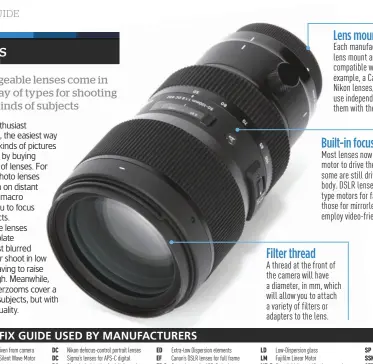  ??  ?? Lens mounts Each manufactur­er has its own lens mount and most aren’t compatible with one another. For example, a Canon DSLR can’t use Nikon lenses, although you can use independen­t brands if you get them with the right mount. Built-in focus motor Most...