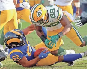  ?? JIM MATTHEWS / USA TODAY NETWORK-WISCONSIN ?? Ty Montgomery was traded Tuesday after fumbling a kickoff return into the lap of the Rams’ Ramik Wilson on Sunday.