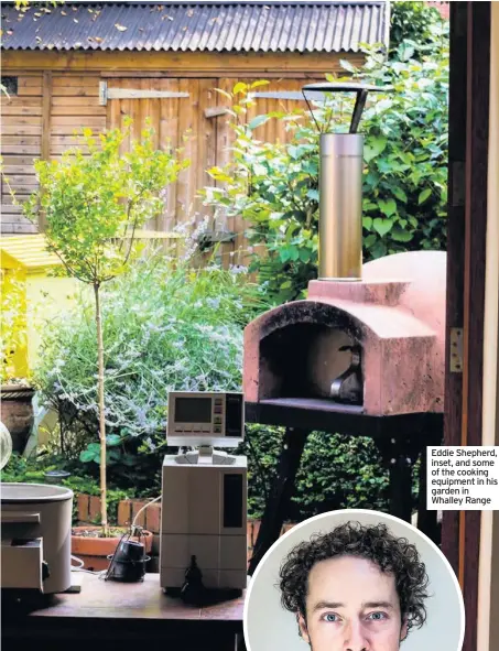  ??  ?? Eddie Shepherd, inset, and some of the cooking equipment in his garden in Whalley Range