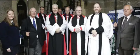  ??  ?? Karen Morton, Alan Mulligan, Archbishop Michael Jackson, Bishop Ken Good, Archbishop of All Ireland Ken Clarke, Rev Martin O’Kelly and Joe Long at the Girls Friendly Society event to mark 140 years in Ireland at Christ Church Bray on Sunday last.