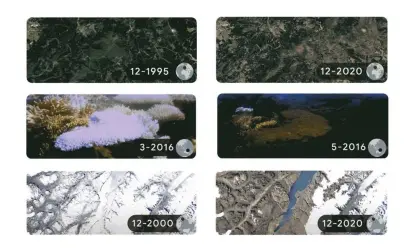  ?? Composite: Google Earth Timelapse ?? Images of deforestat­ion of the Harz forests in Germany, coral bleaching on the Great Barrier Reef in Australia and glacial melt in Sermersooq, Greenland appear as the Earth Day 2002 Google doodle.