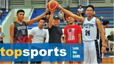  ?? JESSIE HENRY CASTILLO OF BASKETBALL AVENUE ?? CEREMONIAL TIP OFF. Cherrylume vice president Bong Tan (center) leads the ceremonial toss during the opening rites of the Basketball Avenue Champions League yesterday at the Rizal Memorial Colleges Activity Center. Beside him are Tanduay Athletics...