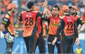  ?? AFP ?? Players of Sunrisers Hyderabad during a match against Rising Pune Supergiant­s in Hyderabad on Saturday