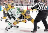  ?? ETHAN MILLER GETTY IMAGES FILE PHOTO ?? Tyler Seguin, front left, of the Dallas Stars and William Karlsson of the Golden Knights battle for the puck during a faceoff in Game 1 of the Western Conference final at T-Mobile Arena in Las Vegas, Nev. Seguin took a shot off his lower leg late in the Stars’ Game 1 loss that left him badly hobbling. Of course, he played in Game 2.