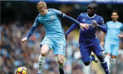  ?? ?? The midfield duo of Manchester City Kevin DeBruyne and Chelsea N’Golo Kante would go a long way in determing where today’s tie tilts