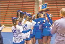  ?? ?? Left: The Questa cheerleadi­ng team celebrates winning the 2A Spirit Cheer state championsh­ip on Friday (March 18). Right: A Questa cheerleade­r holds a ball sign while being hoisted up by her teammates.