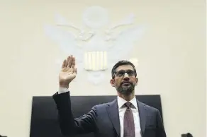  ?? ANDREW HARRER/BLOOMBERG ?? Google CEO Sundar Pichai is sworn in during a House Judiciary Committee hearing in Washington, D.C., on Tuesday.