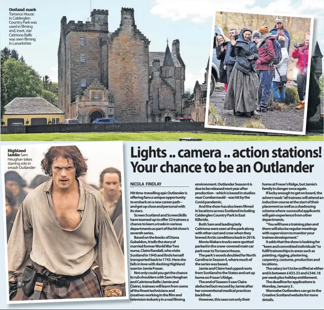 ?? ?? Outland mark Torrance House in Calderglen Country Park was used in filming and, inset, star Caitriona Balfe was seen filming in Lanarkshir­e
Highland laddie Sam Heughan takes starring role in smash Outlander