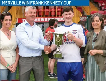  ??  ?? Linda Higgins Kennedy, Tony Kennedy, Stephen Keenan Captain Merville Utd, Caroline Gray Kennedy at the Frank Kennedy Memorial Cup Presentati­on.