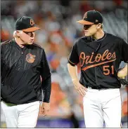  ?? GREG FIUME / GETTY IMAGES ?? The Orioles’ Buck Showalter (left, with Corban Joseph) manages one of several teams that no longer rely on human advance scouting.