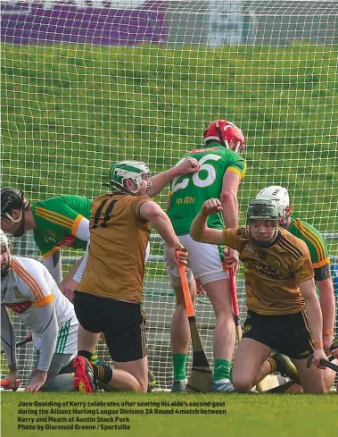  ?? Photo by Diarmuid Greene / Sportsfile ?? Jack Goulding of Kerry celebrates after scoring his side’s second goal during the Allianz Hurling League Division 2A Round 4 match between Kerry and Meath at Austin Stack Park