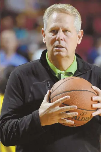  ?? STAFF PHOTO BY CHRISTOPHE­R EVANS ?? RIGHT ON THE BALL: Danny Ainge has had a strong offseason so far, including drafting Jayson Tatum and the free agent signing of Gordon Hayward.