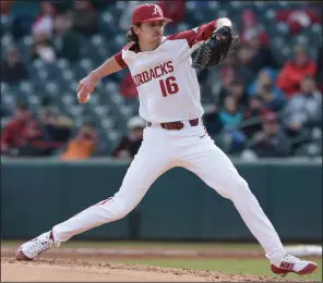  ?? NWA Democrat-Gazette/ANDY SHUPE ?? Arkansas starter Blaine Knight picked up the victory by throwing five scoreless innings in the Razorbacks’ 14-2 victory over Bucknell on Friday at Baum Stadium in Fayettevil­le.