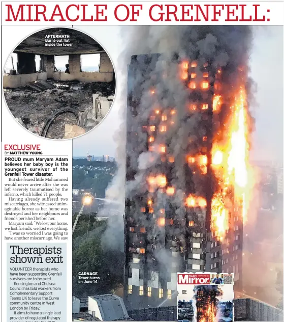  ??  ?? AFTERMATH Burnt-out flat inside the tower CARNAGE Tower burns on June 14