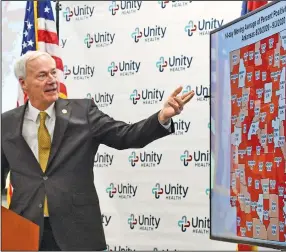  ?? (Arkansas Democrat-Gazette/Staci Vandagriff) ?? Gov. Asa Hutchinson refers to a map showing the 14-day moving average of coronaviru­s positivity percentage by county during Friday’s briefing at Unity Health in Searcy. “This is fairly dramatic exclamatio­n point to end this week and to start the holiday weekend,” Hutchinson said of the increase in cases.