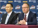  ?? Getty Images/tns ?? Head coach David Blatt and general manager David Griffin of the Cleveland Cavaliers answers questions during media day at Cleveland Clinic Courts in September 2014 in Independen­ce, Ohio.