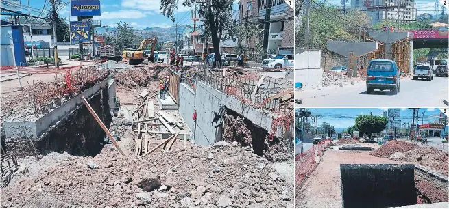  ?? FOTOS: MARVIN SALGADO ?? (1) En la avenida La Paz se construye un túnel que conectará el bulevar Los Próceres con la colonia San Carlos. (2) Un paso elevado permitirá conectar la calle de la Salud con el bulevar Suyapa, esta es una obra integral. (3) En la tercera entrada de la colonia Kennedy se construye un túnel que ya presenta avances en las obras.