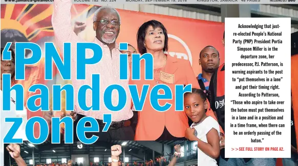  ?? PHOTOS BY IAN ALLEN/PHOTOGRAPH­ER ?? Former People’s National Party (PNP) President P.J. Patterson is embraced by re-elected party president Portia Simpson Miller while her close-protection officers and a child look on the platform during the PNP’s 78th annual conference inside the Karl...