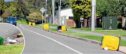  ?? PHOTOS: SIMON O’CONNOR/STUFF ?? Rubbish and recycling bins were at the mercy of windy weather yesterday.